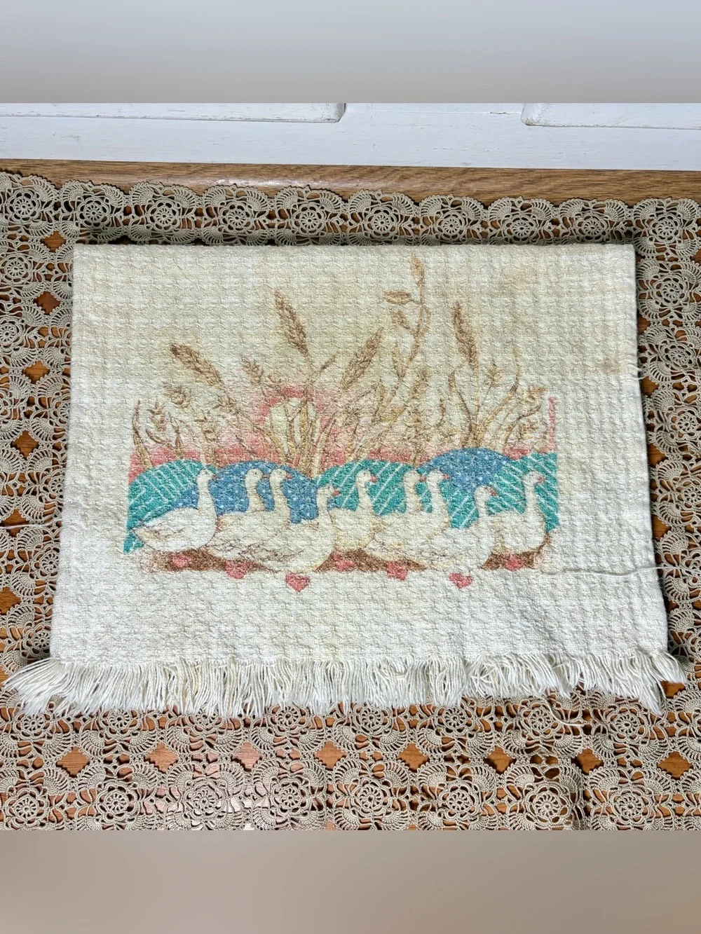 Vintage 90s Goose Print Cream Cotton Hand Kitchen Towel Country Classics